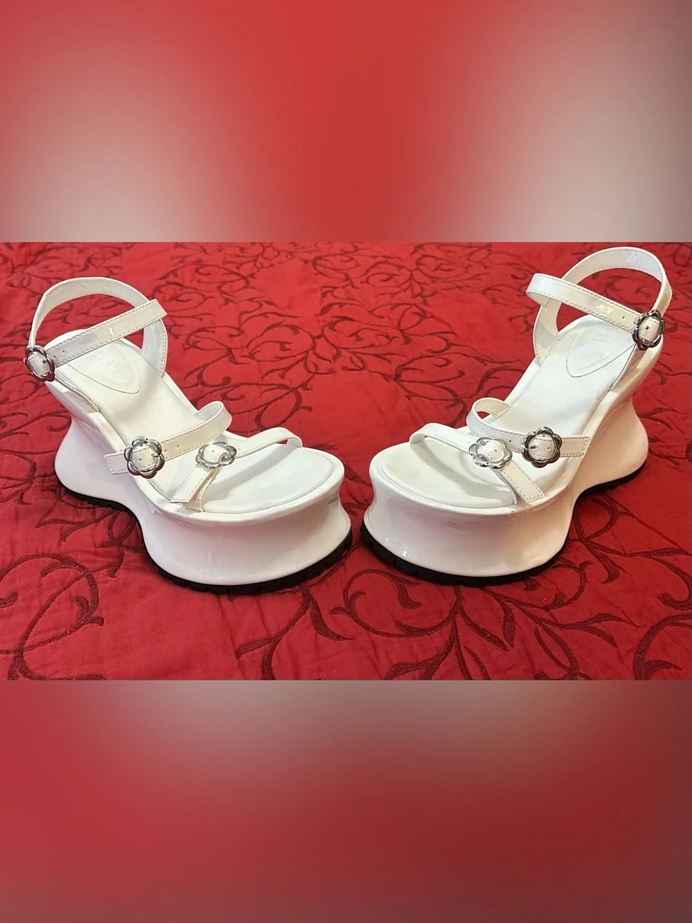 Dolls Kill White Platform Wedge Sandals with Silver Buckles